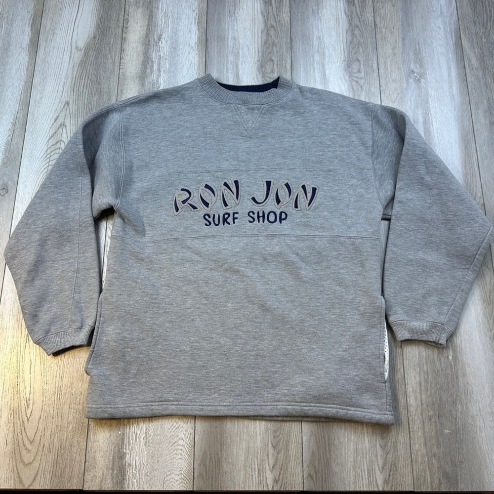Ron Jon Surf Shop Sweatshirt Mens Large Grey Crewneck Pockets Beach Men Vintage